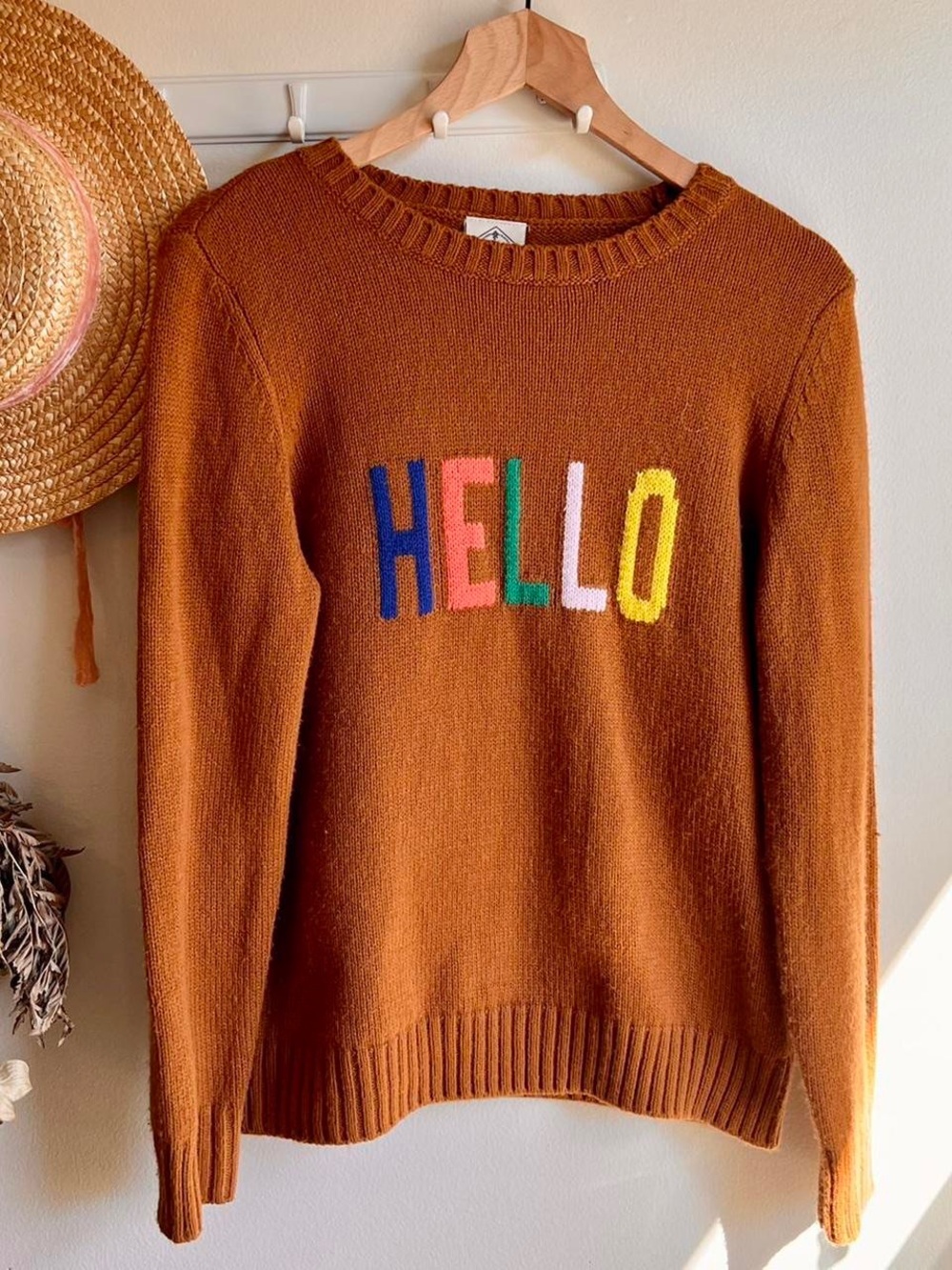 St. John's Bay Rust Crewneck Sweater with Multicolor HELLO Applique